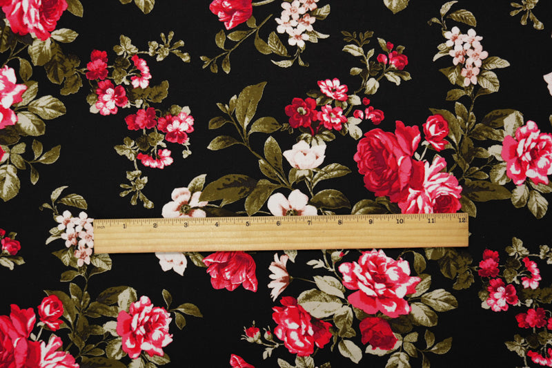 1 3/4 YD PC-Black-Red-Multi Rayon Floral Printed Challis Woven Fabric