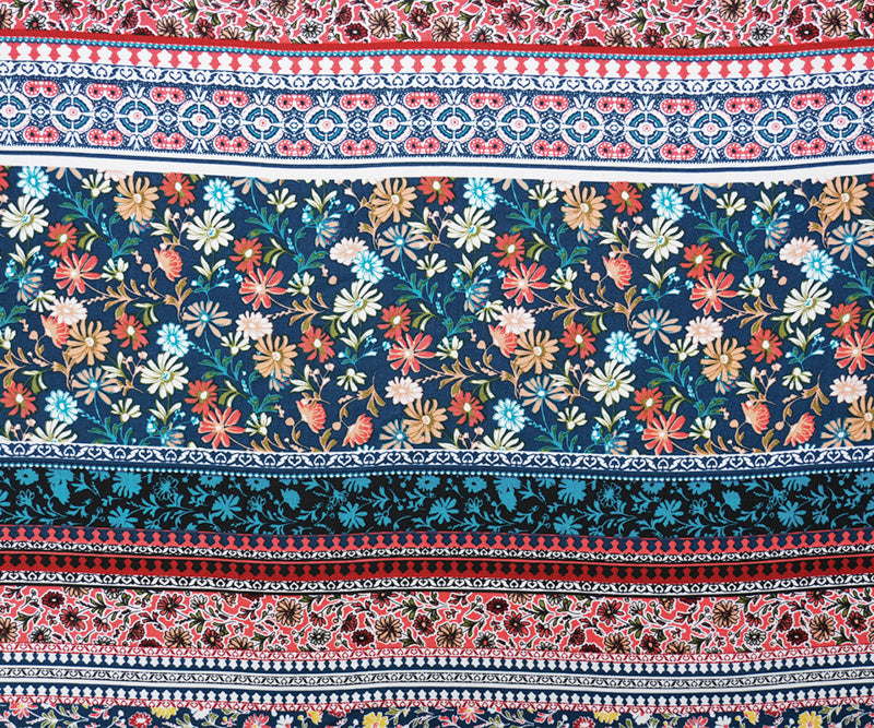 Blue-White-Multi Rayon Floral Stripe Printed Challis Woven Fabric