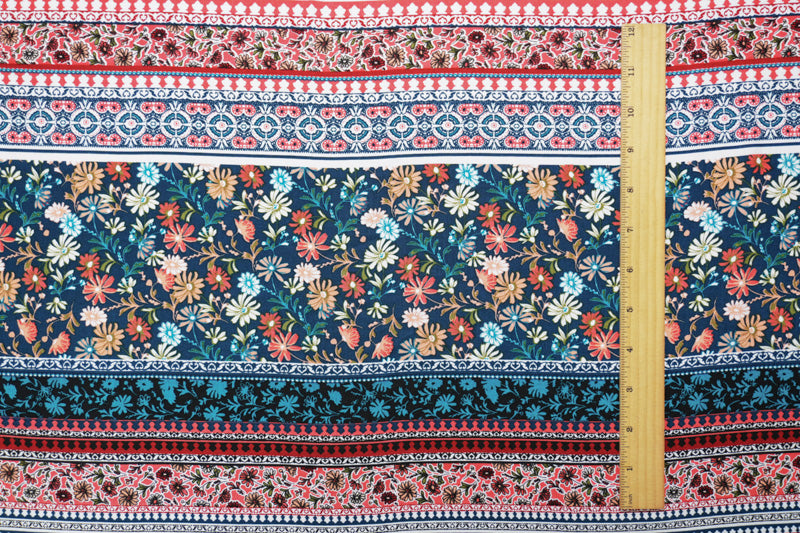 Blue-White-Multi Rayon Floral Stripe Printed Challis Woven Fabric