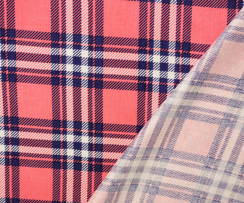 Pink-Blue-White Rayon Plaid Printed Challis Woven Fabric