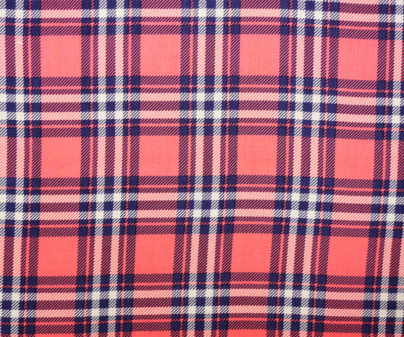 Pink-Blue-White Rayon Plaid Printed Challis Woven Fabric