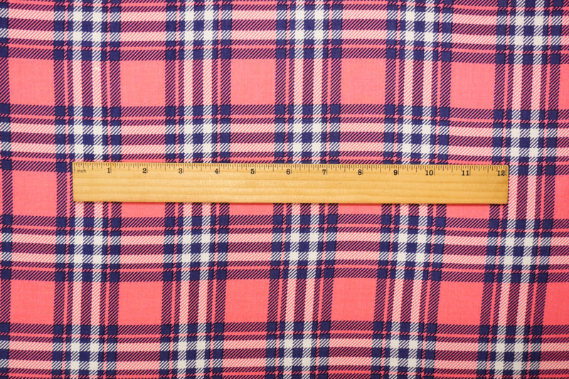 Pink-Blue-White Rayon Plaid Printed Challis Woven Fabric