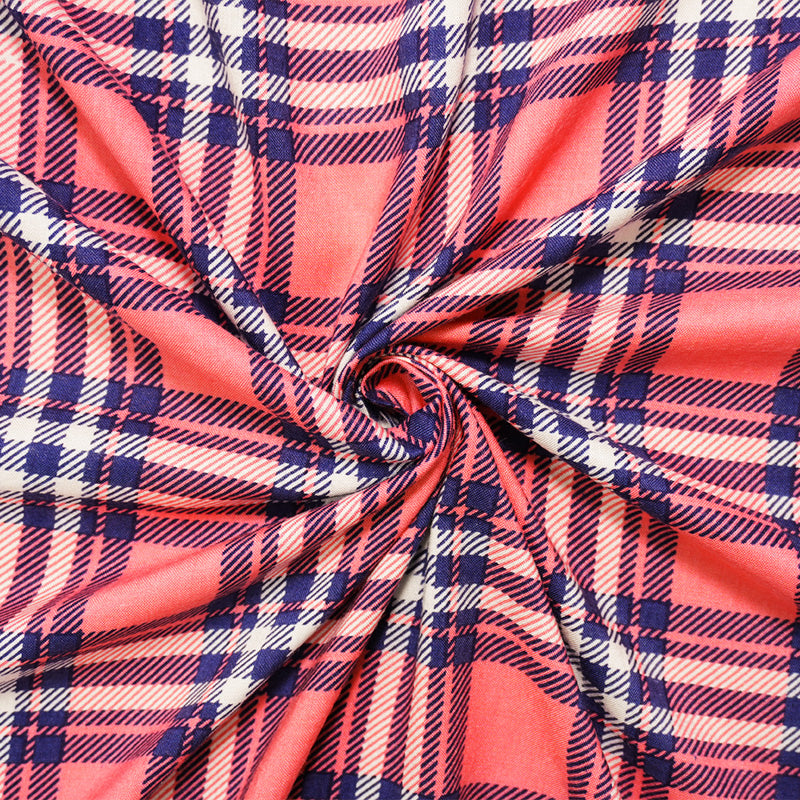 Pink-Blue-White Rayon Plaid Printed Challis Woven Fabric