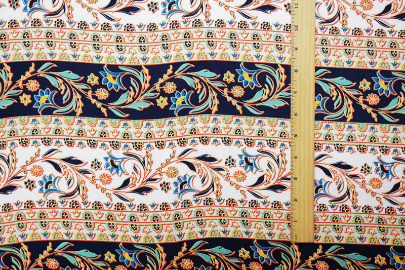 Blue-Yellow-Multi Rayon Floral Stripe Printed Challis Woven Fabric