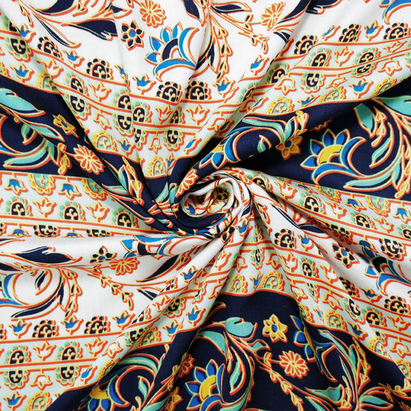 Blue-Yellow-Multi Rayon Floral Stripe Printed Challis Woven Fabric