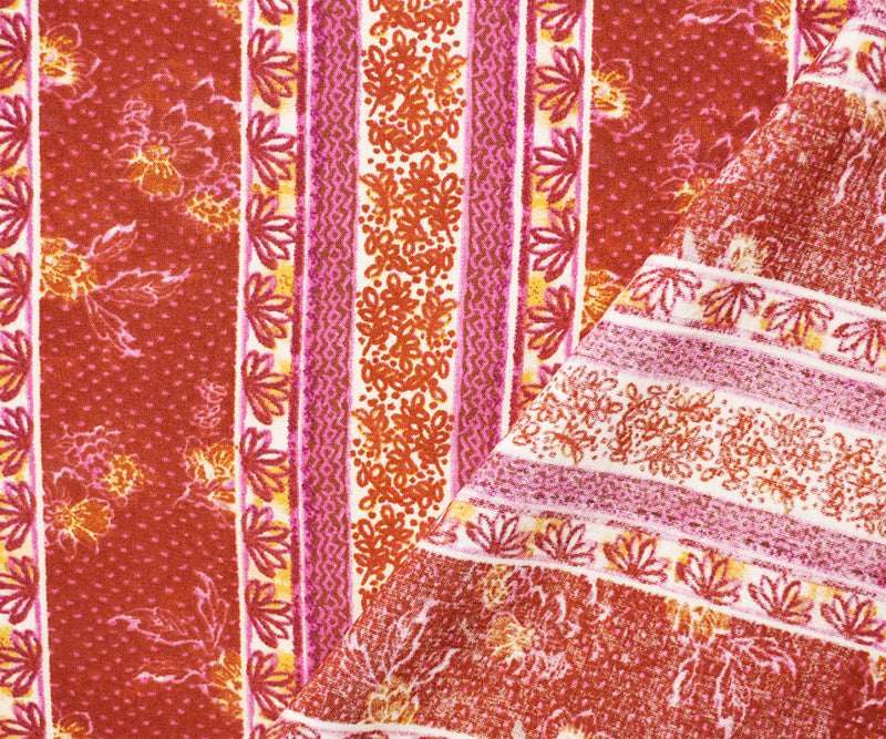 Red-Yellow-Multi Rayon Floral Stripe Printed Challis Woven Fabric
