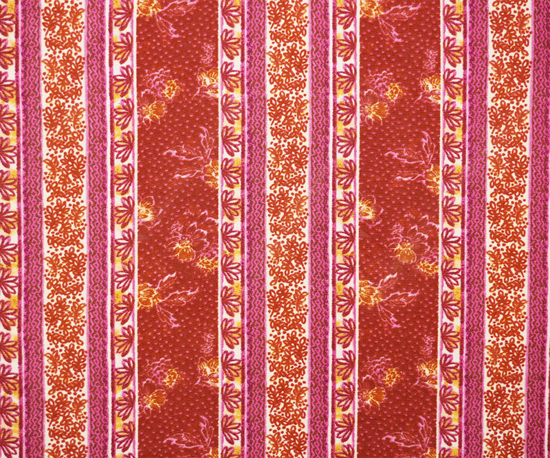 Red-Yellow-Multi Rayon Floral Stripe Printed Challis Woven Fabric