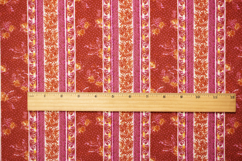 Red-Yellow-Multi Rayon Floral Stripe Printed Challis Woven Fabric