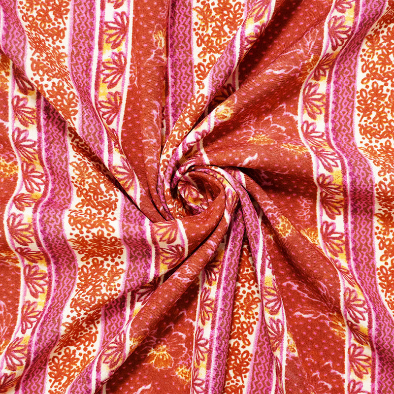 Red-Yellow-Multi Rayon Floral Stripe Printed Challis Woven Fabric