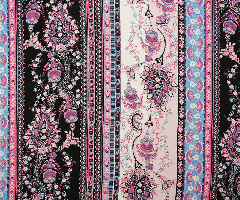 Pink-Multi Rayon Floral Stripe Printed Slub Challis Woven Fabric