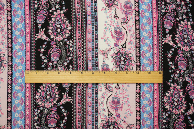 Pink-Multi Rayon Floral Stripe Printed Slub Challis Woven Fabric