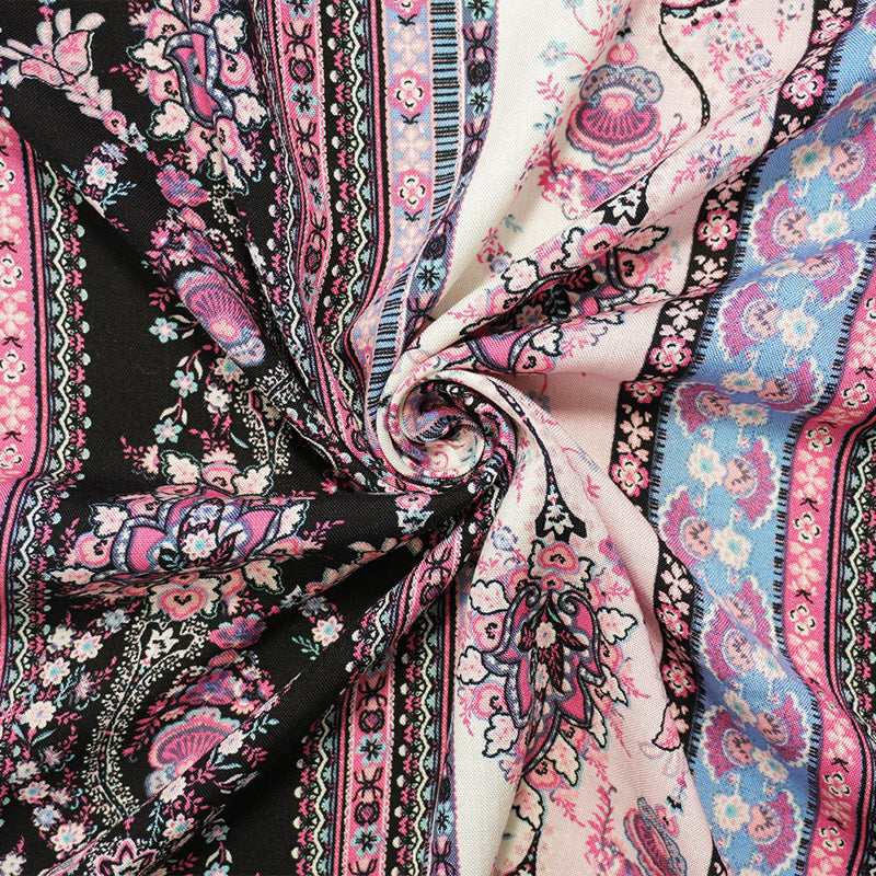 Pink-Multi Rayon Floral Stripe Printed Slub Challis Woven Fabric