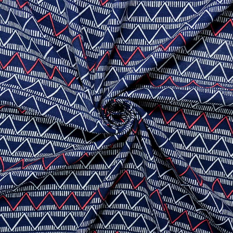 Blue-White-Red Rayon Chevron Stripe Printed Challis Woven Fabric
