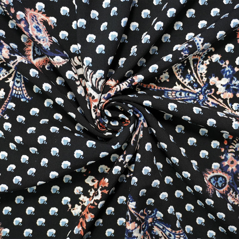 Black-Blue-Multi Rayon Paisley Printed Slub Challis Woven Fabric