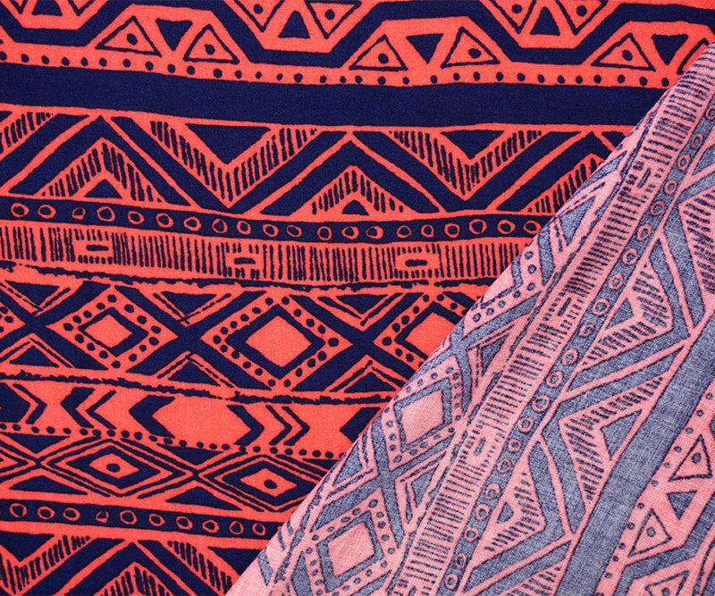 Red-Blue Rayon Aztec Printed Challis Woven Fabric