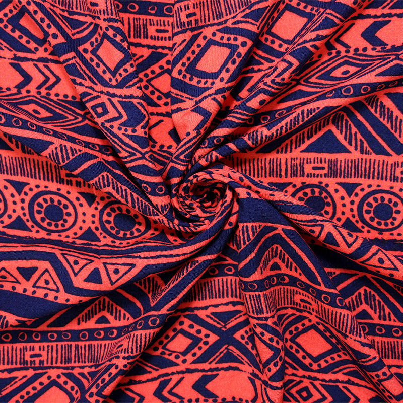Red-Blue Rayon Aztec Printed Challis Woven Fabric