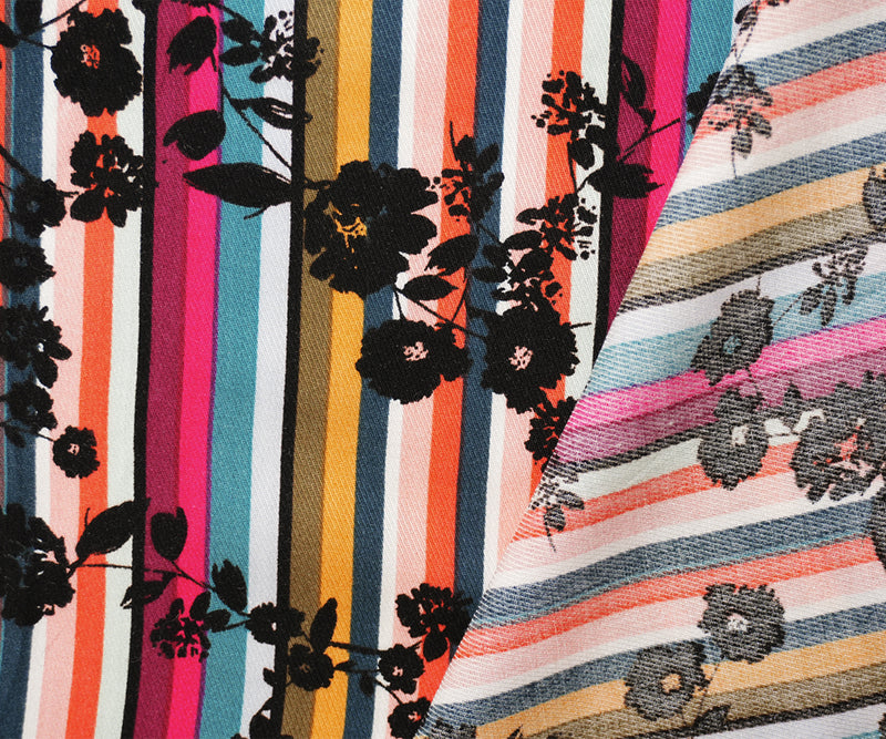 Black-Pink-Multi Rayon Floral Stripe Printed Twill Woven Fabric