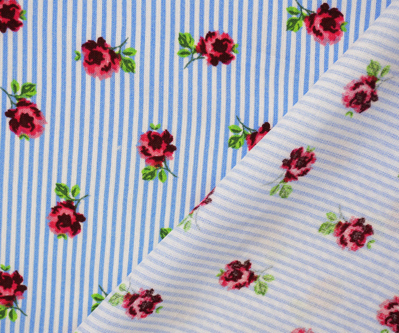 Blue-White-Multi Rayon Floral Stripe Printed Challis Woven Fabric
