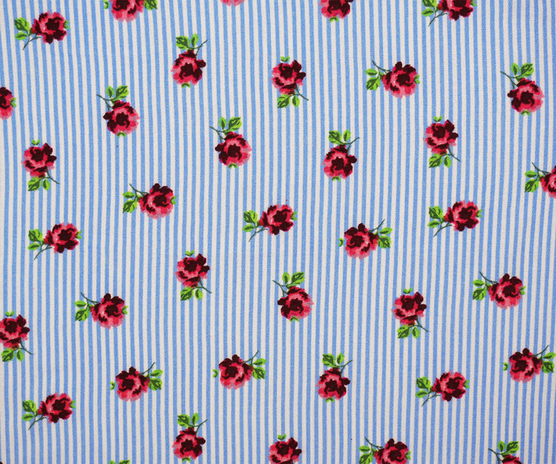 Blue-White-Multi Rayon Floral Stripe Printed Challis Woven Fabric