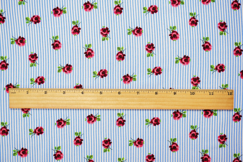 Blue-White-Multi Rayon Floral Stripe Printed Challis Woven Fabric