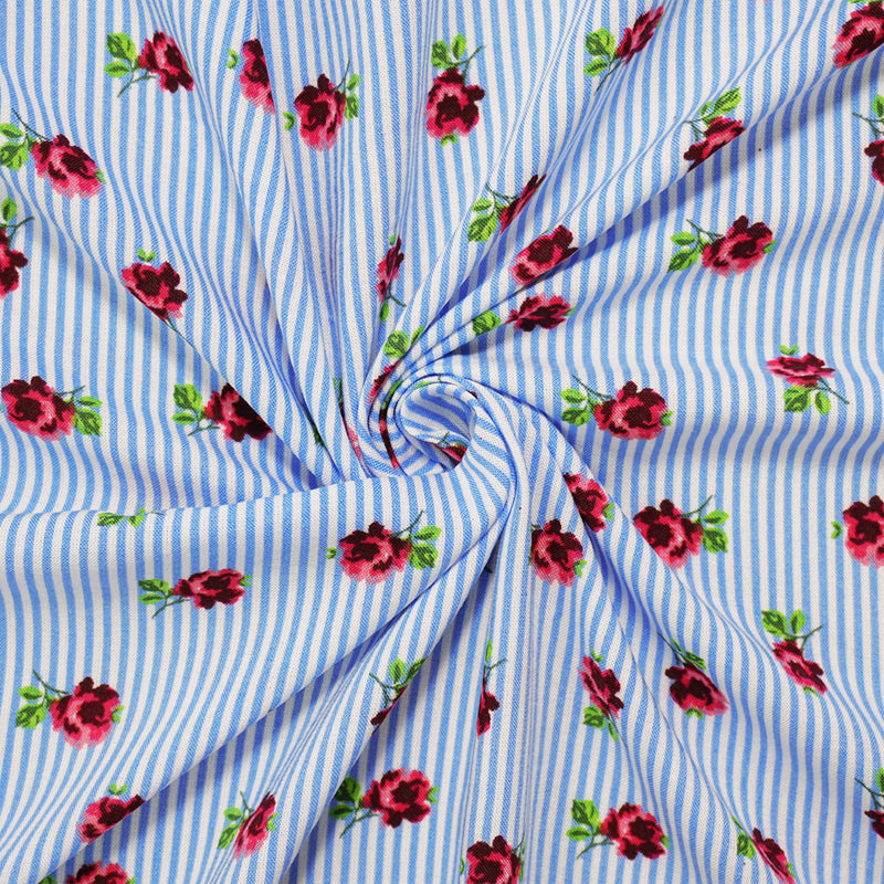 Blue-White-Multi Rayon Floral Stripe Printed Challis Woven Fabric