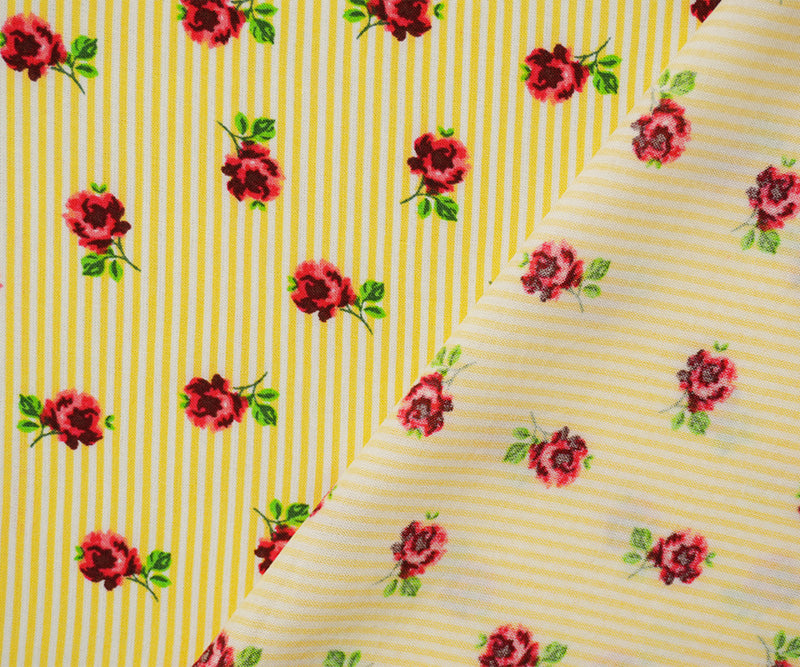Yellow-White-Multi Rayon Floral Stripe Printed Challis Woven Fabric