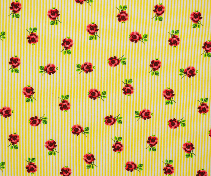 Yellow-White-Multi Rayon Floral Stripe Printed Challis Woven Fabric