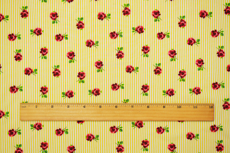 Yellow-White-Multi Rayon Floral Stripe Printed Challis Woven Fabric