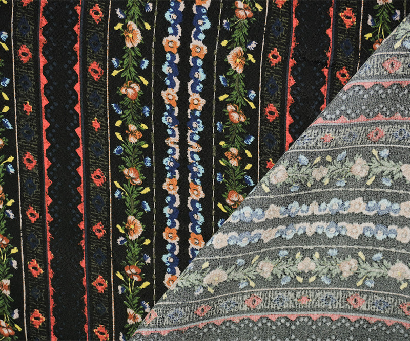 Black-Red-Multi Rayon Floral Stripe Printed Crepe Faille Woven Fabric
