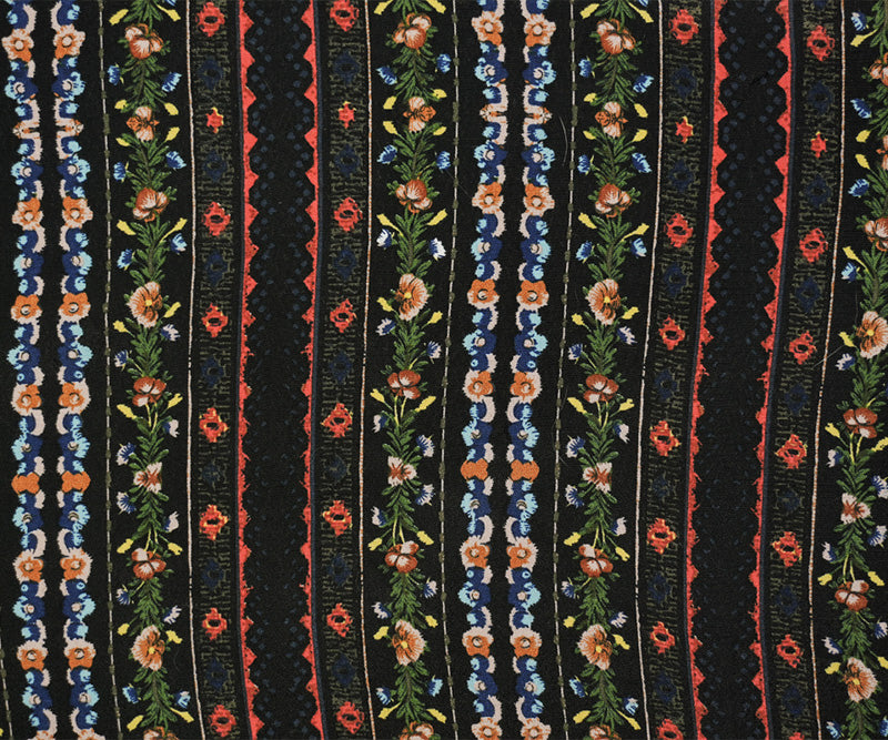 Black-Red-Multi Rayon Floral Stripe Printed Crepe Faille Woven Fabric