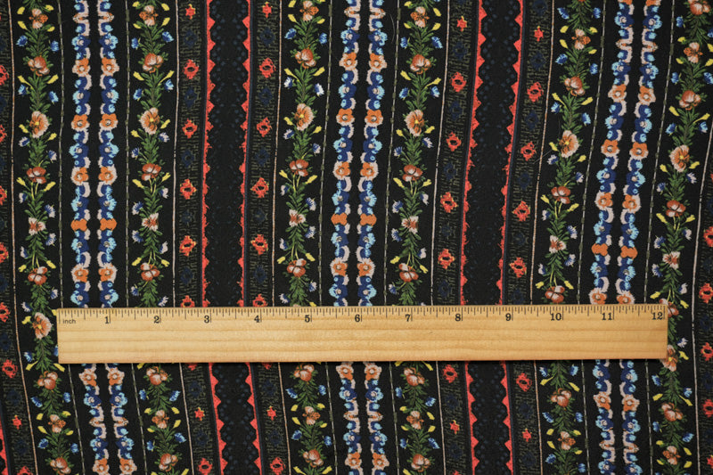 Black-Red-Multi Rayon Floral Stripe Printed Crepe Faille Woven Fabric
