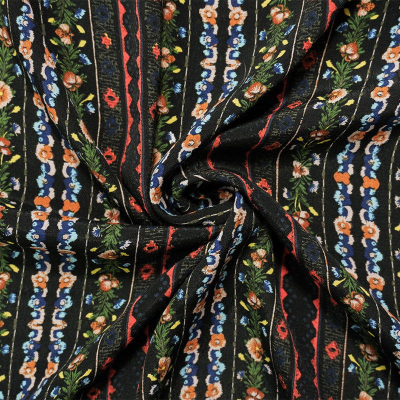 Black-Red-Multi Rayon Floral Stripe Printed Crepe Faille Woven Fabric