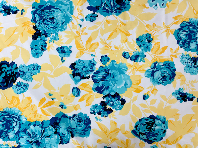 Blue-Yellow-White Rayon Floral Printed Shirting Woven Fabric