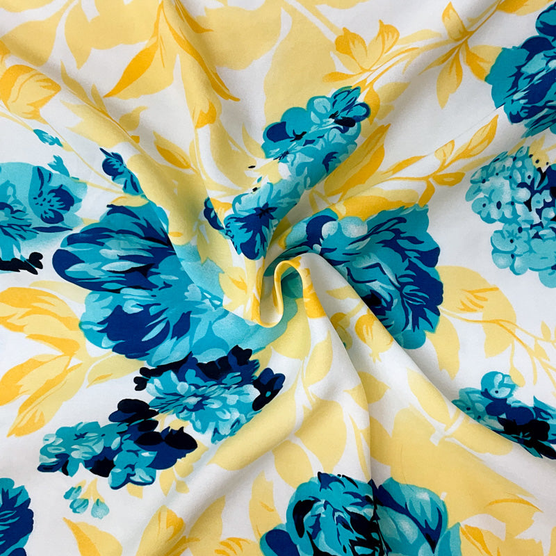 Blue-Yellow-White Rayon Floral Printed Shirting Woven Fabric