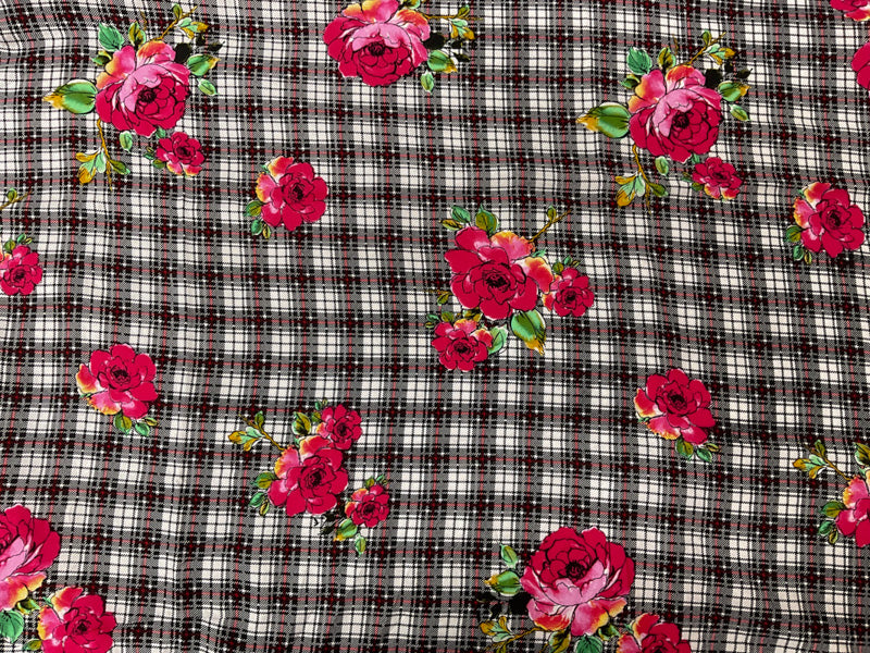 Black-Red-Multi Rayon Floral Plaid Printed Challis Woven Fabric