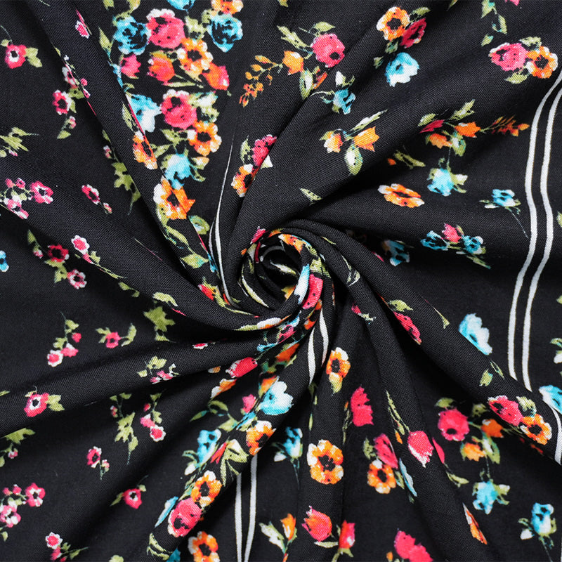 Black-Red-Multi Rayon Floral Stripe Printed Challis Woven Fabric