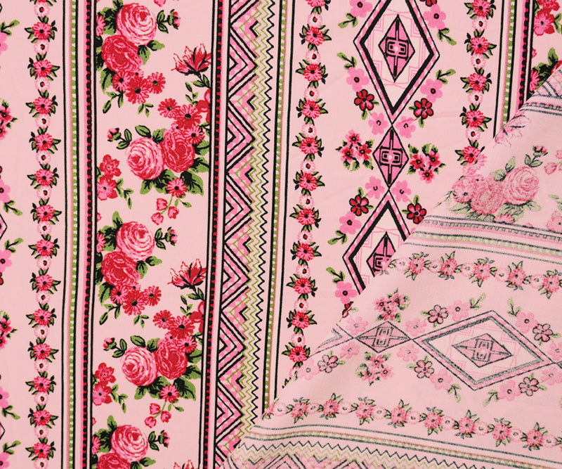 Pink-Black-Multi Rayon Floral Aztec Printed Challis Woven Fabric