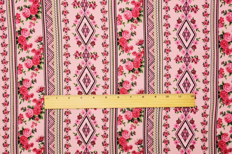 Pink-Black-Multi Rayon Floral Aztec Printed Challis Woven Fabric