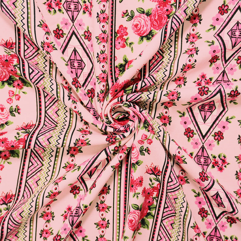 Pink-Black-Multi Rayon Floral Aztec Printed Challis Woven Fabric