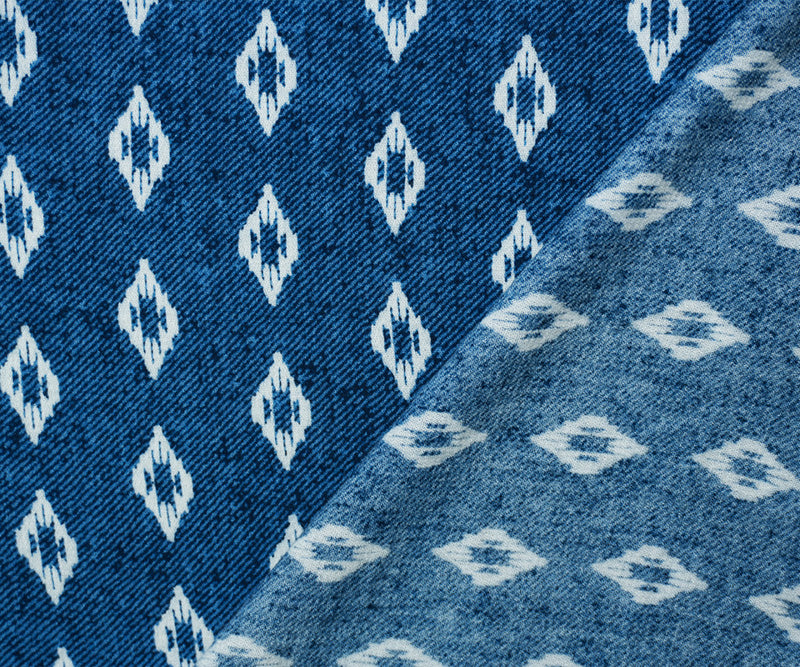 Blue-White Rayon Ikat Printed Crepe Woven Fabric
