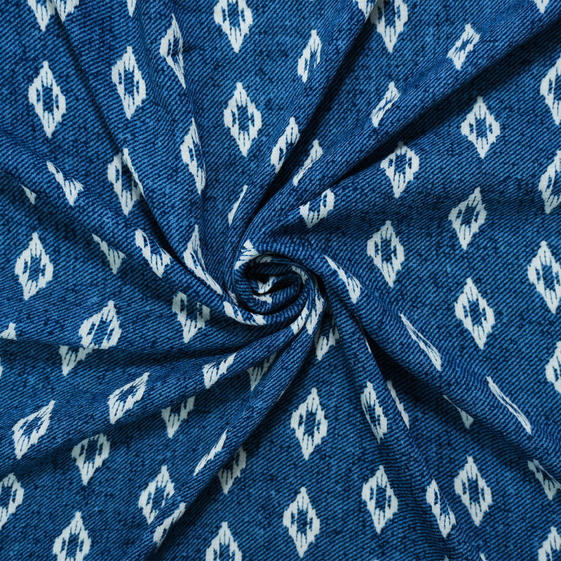 Blue-White Rayon Ikat Printed Crepe Woven Fabric