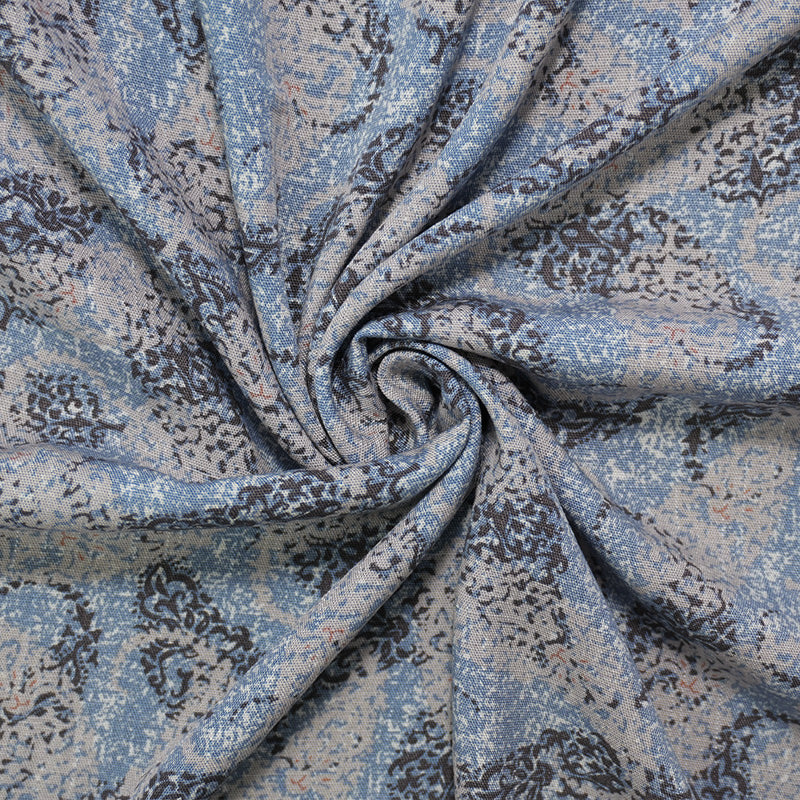 2 1/4 YD PC-Blue-Gray-White Rayon Paisley Printed Slub Challis Woven Fabric