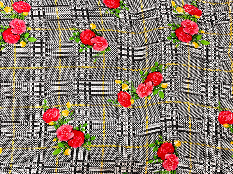 Black-Red-Multi Rayon Floral Plaid Printed Challis Woven Fabric