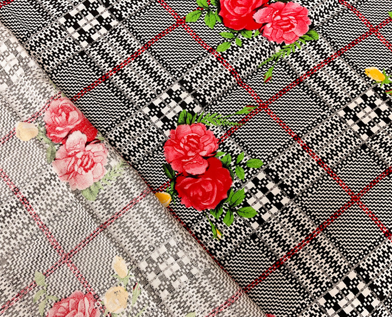 Black-Red-Multi Rayon Floral Plaid Printed Challis Woven Fabric