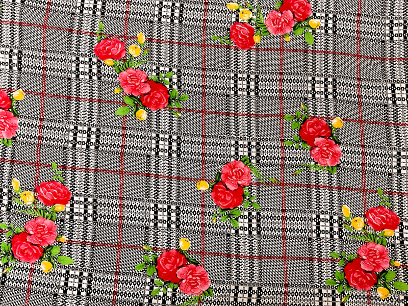 Black-Red-Multi Rayon Floral Plaid Printed Challis Woven Fabric