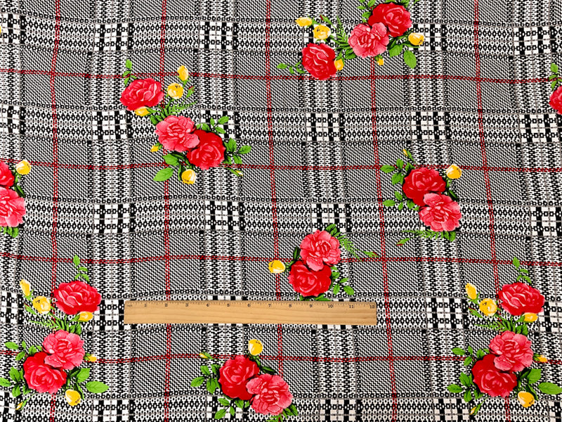 Black-Red-Multi Rayon Floral Plaid Printed Challis Woven Fabric