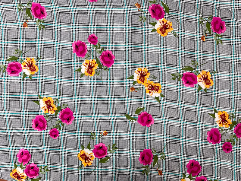 Black-Multi Rayon Floral Plaid Printed Challis Woven Fabric