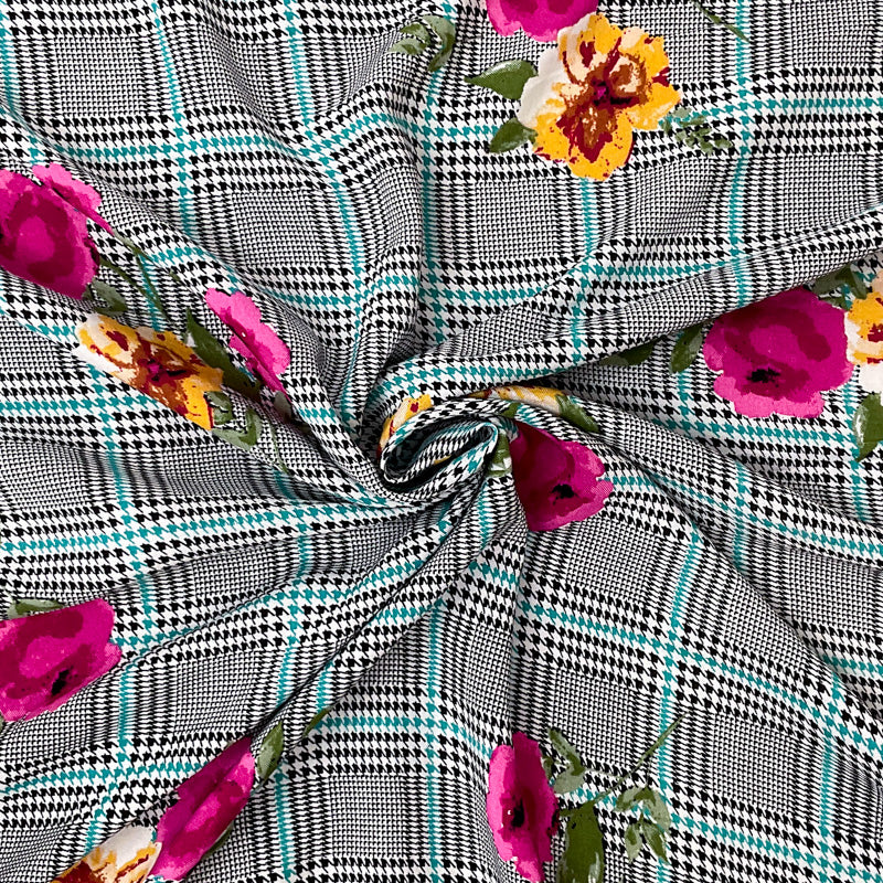 Black-Multi Rayon Floral Plaid Printed Challis Woven Fabric