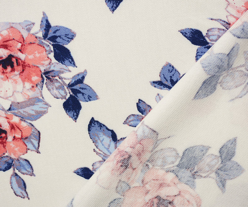 White-Blue-Pink Rayon Floral Printed Twill Woven Fabric