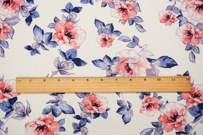 White-Blue-Pink Rayon Floral Printed Twill Woven Fabric
